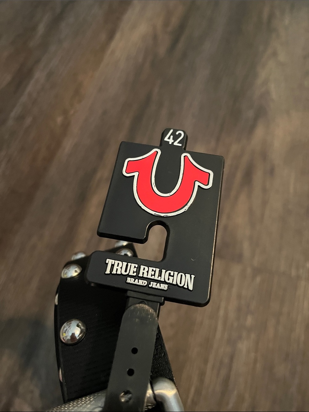 True Religion Black Belt with Red Horseshoe Emblem